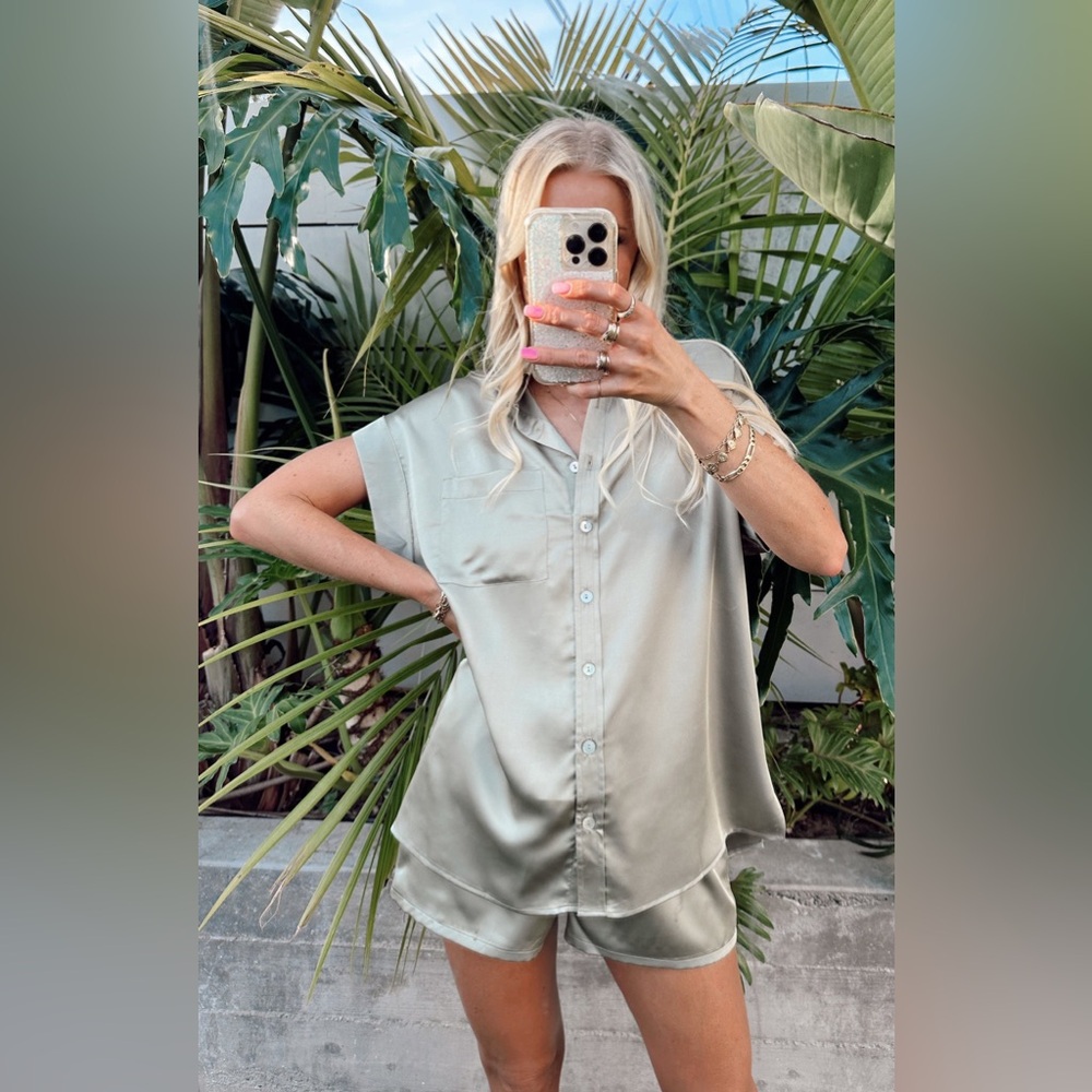 Show Me Your MuMu Glam Time Shorts Best Day Button Up Set Moss GreenLuxe Satin